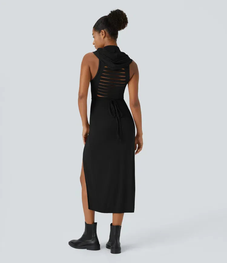 ColaZebra™ | Casual midi hooded dress, sleeveless, zebra back