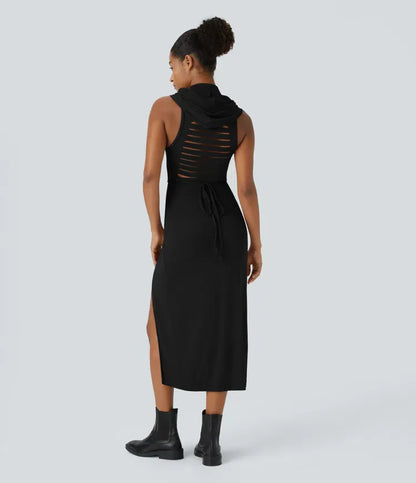 ColaZebra™ | Casual midi hooded dress, sleeveless, zebra back