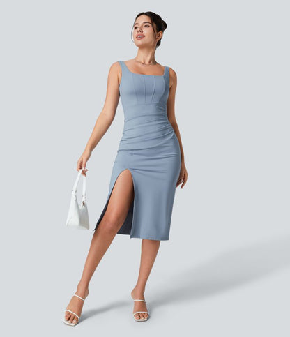 Casual bodycon midi dress with slit, backless corset, square neckline and ruching