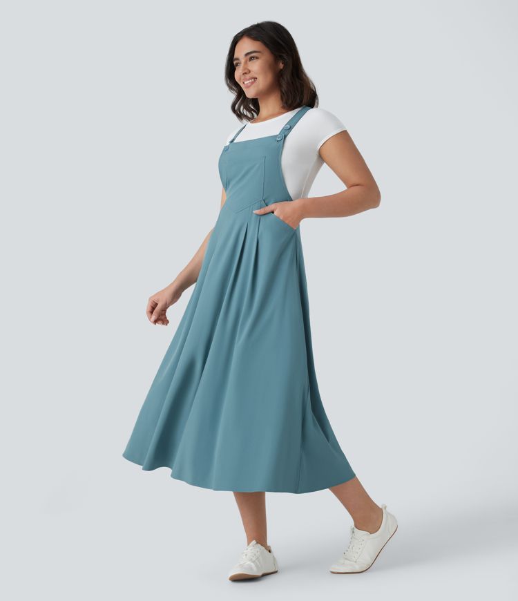 Classico™ | Flowing casual midi dress with pockets, adjustable straps and buttons