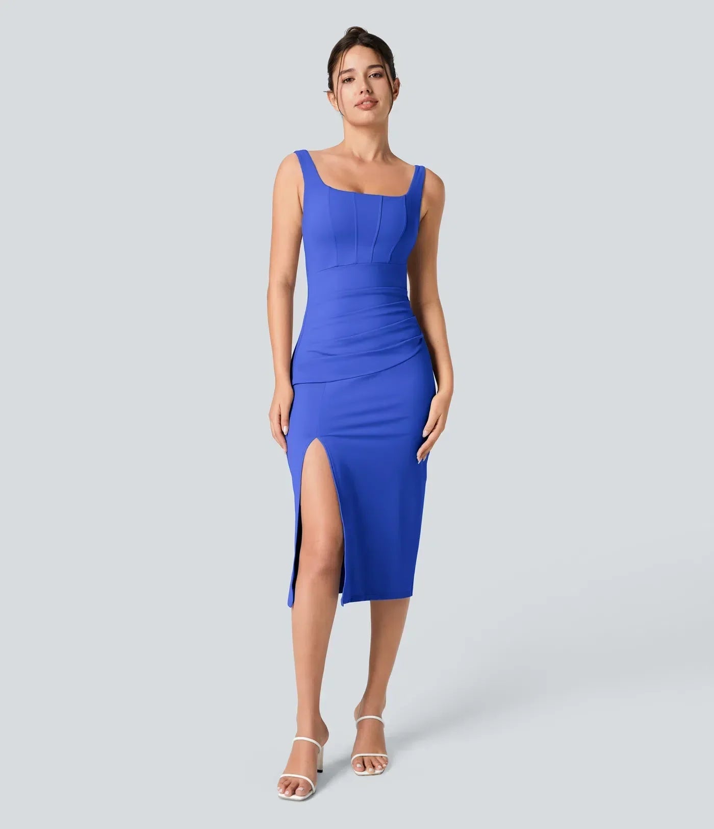 Casual bodycon midi dress with slit, backless corset, square neckline and ruching