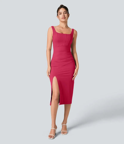 Casual bodycon midi dress with slit, backless corset, square neckline and ruching